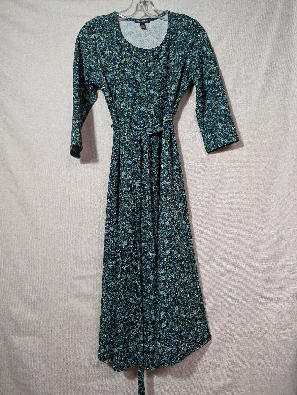 Nina Leonard Blue Green Floral Midi Dress with Tie Waist 3/4 Sleeves
